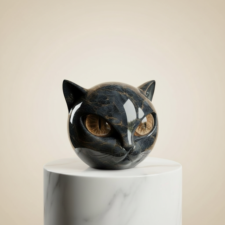 Black Cat Head Sculpture with Hypnotic Eyes