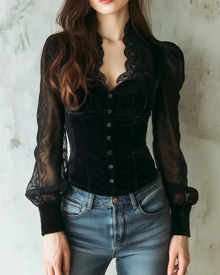 Blouse with Lace Sleeves and Button Front