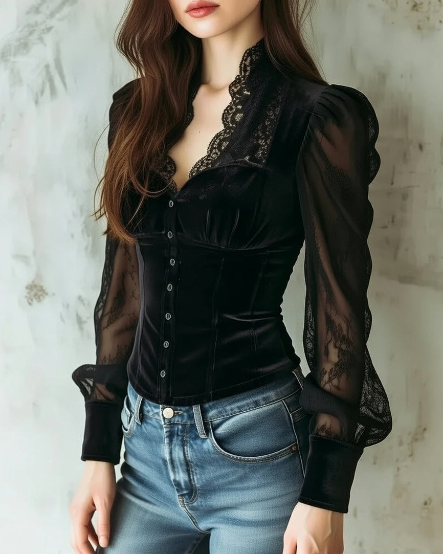 Blouse with Lace Sleeves and Button Front