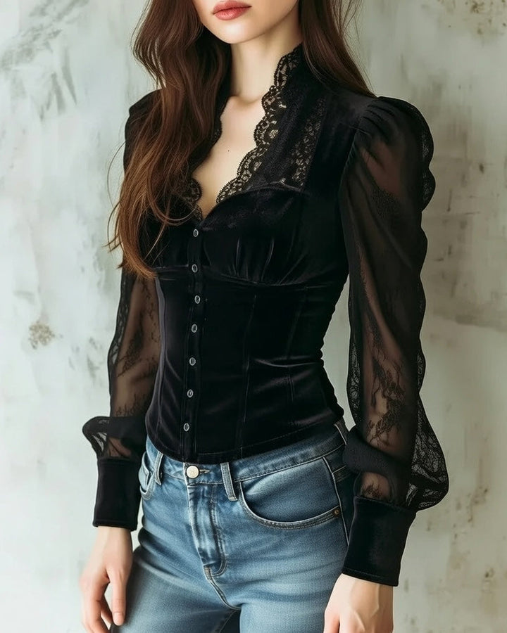 Blouse with Lace Sleeves and Button Front