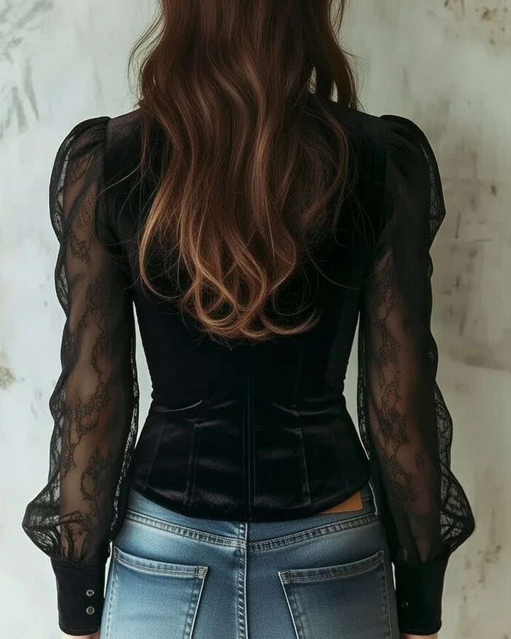 Blouse with Lace Sleeves and Button Front
