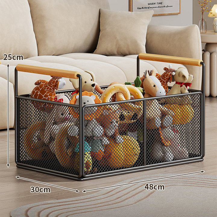 Breathable Diamond Mesh Toy and Home Storage Bin with Ergonomic Wooden Top Handles