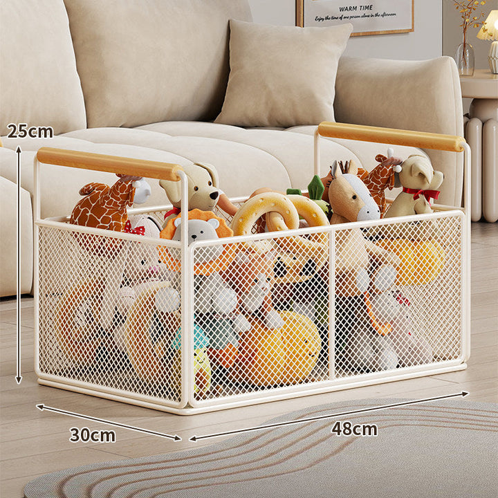 Breathable Diamond Mesh Toy and Home Storage Bin with Ergonomic Wooden Top Handles
