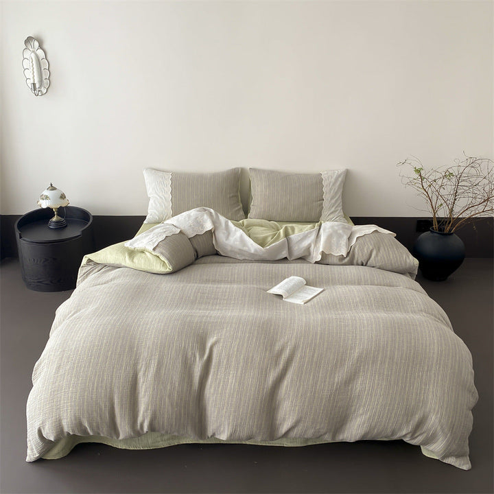 Breathable Reversible Linen-Cotton Bedding Set with Fine Stripe Texture