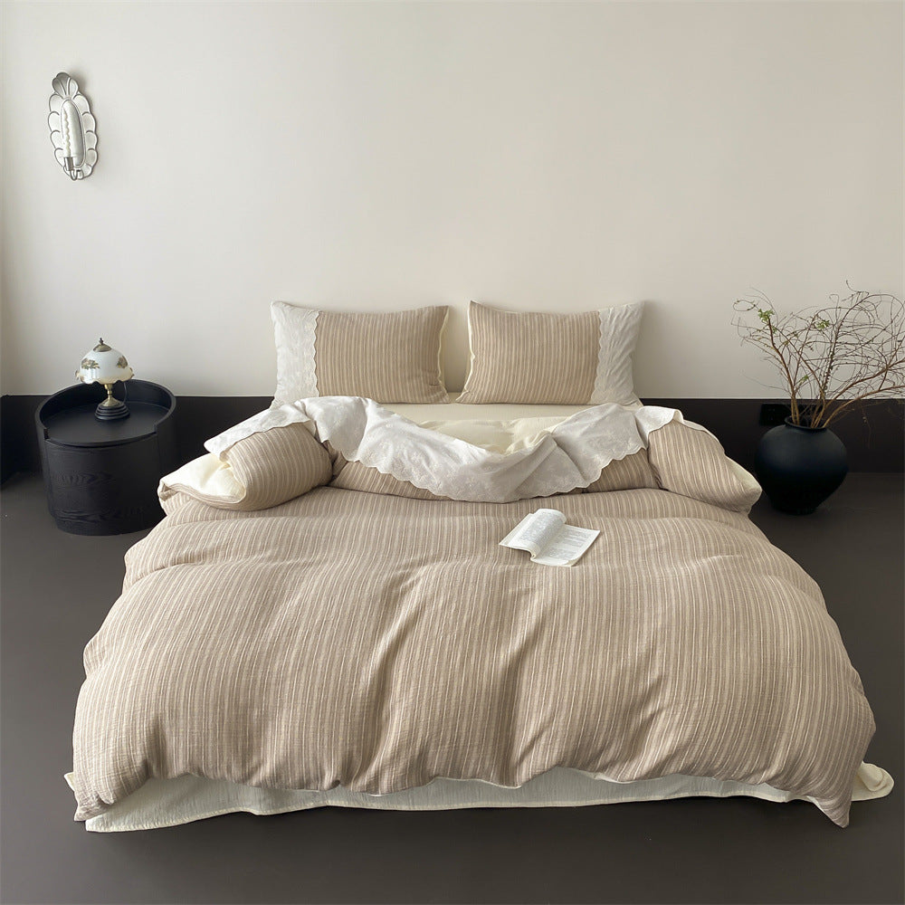 Breathable Reversible Linen-Cotton Bedding Set with Fine Stripe Texture