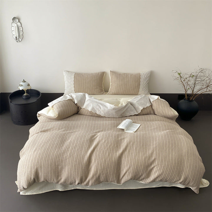 Breathable Reversible Linen-Cotton Bedding Set with Fine Stripe Texture