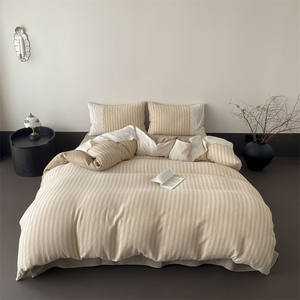 Breathable Reversible Linen-Cotton Bedding Set with Fine Stripe Texture