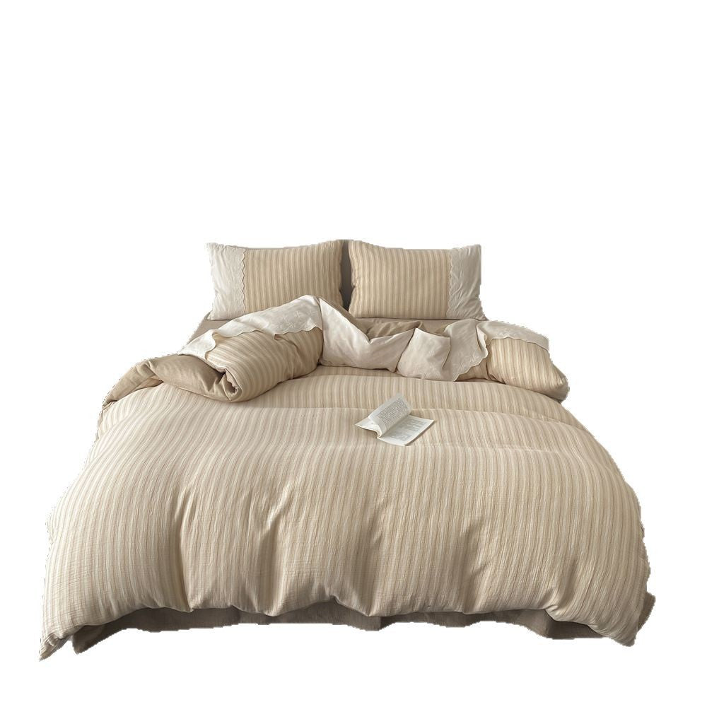 Breathable Reversible Linen-Cotton Bedding Set with Fine Stripe Texture