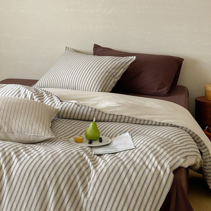 Breathable Striped Cotton-Linen Blend Bedding Set