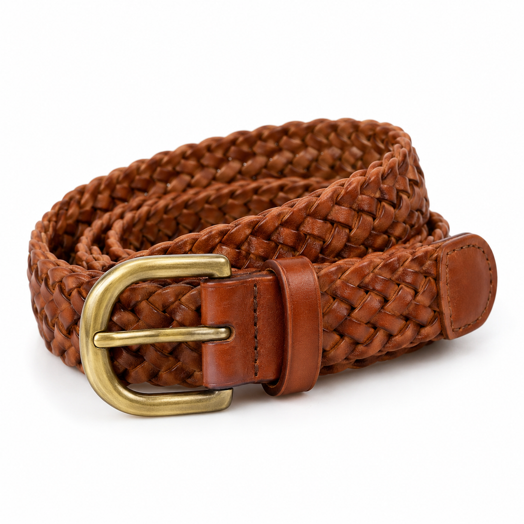 Brown 3.5 cm Braided Belt with Brass Buckle and No Fixed Holes