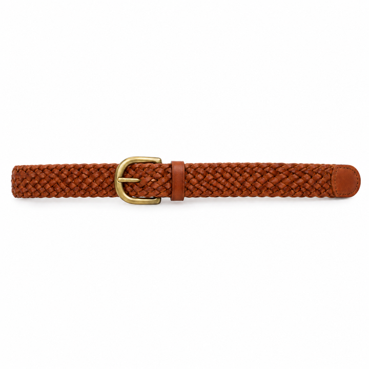 Brown 3.5 cm Braided Belt with Brass Buckle and No Fixed Holes