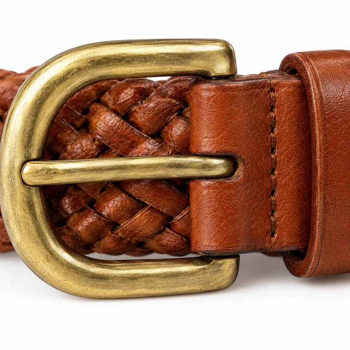 Brown 3.5 cm Braided Belt with Brass Buckle and No Fixed Holes