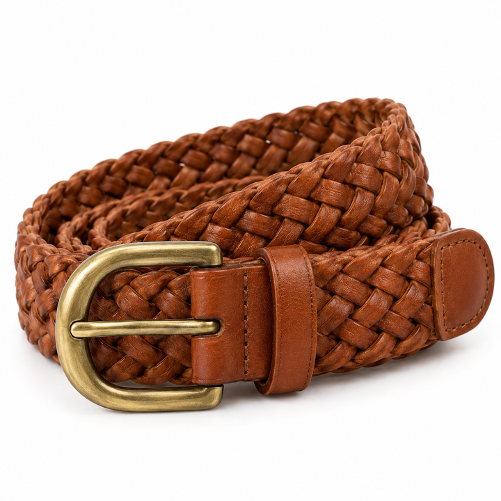 Brown 3.5 cm Braided Belt with Brass Buckle and No Fixed Holes