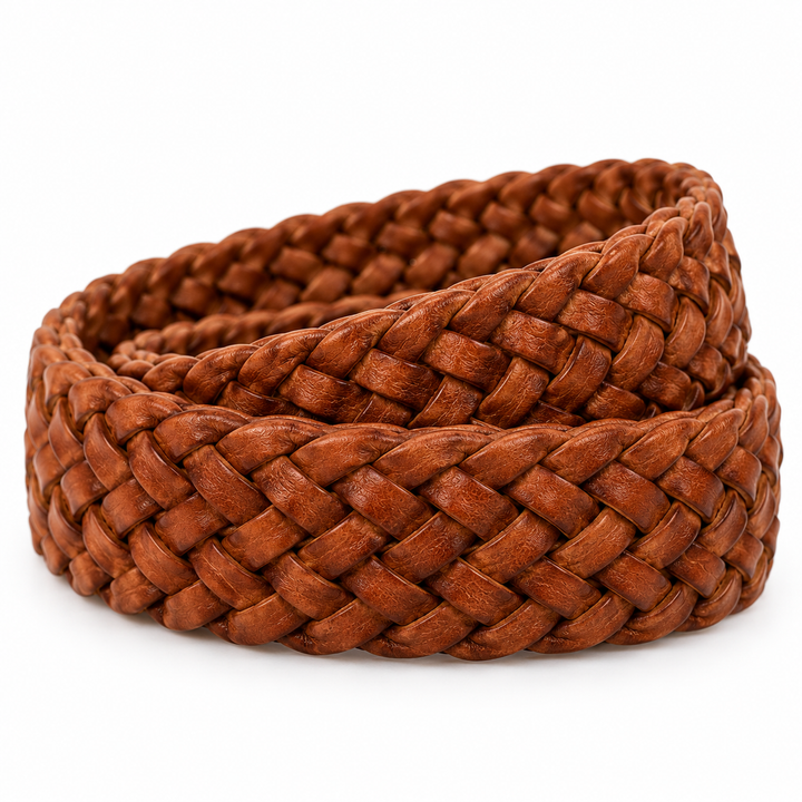 Brown 3.5 cm Braided Belt with Brass Buckle and No Fixed Holes