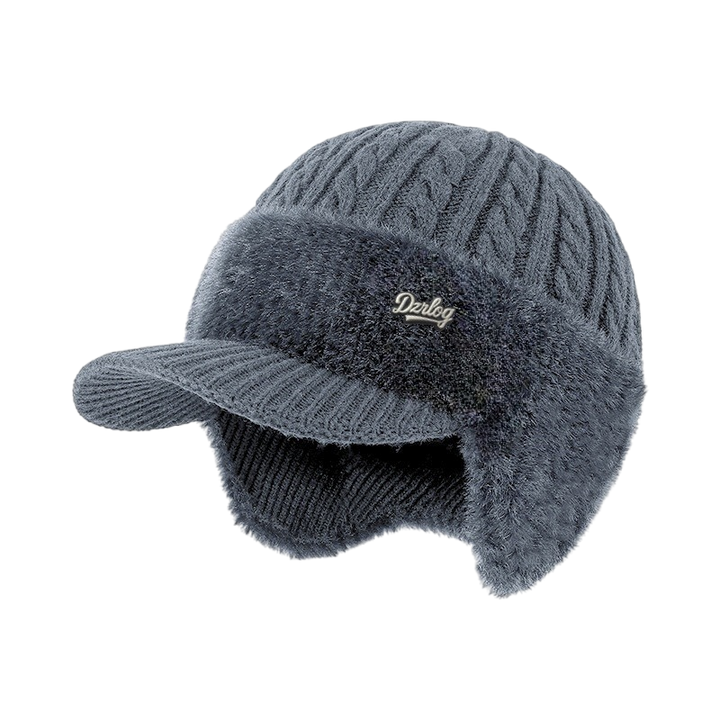 Cable Knit Winter Visor Beanie with Ear Flaps and Faux Fur Fleece Lining