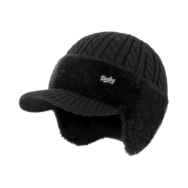 Cable Knit Winter Visor Beanie with Ear Flaps and Faux Fur Fleece Lining