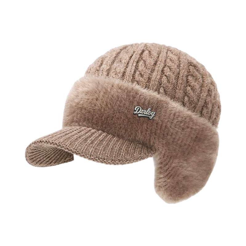 Cable Knit Winter Visor Beanie with Ear Flaps and Faux Fur Fleece Lining