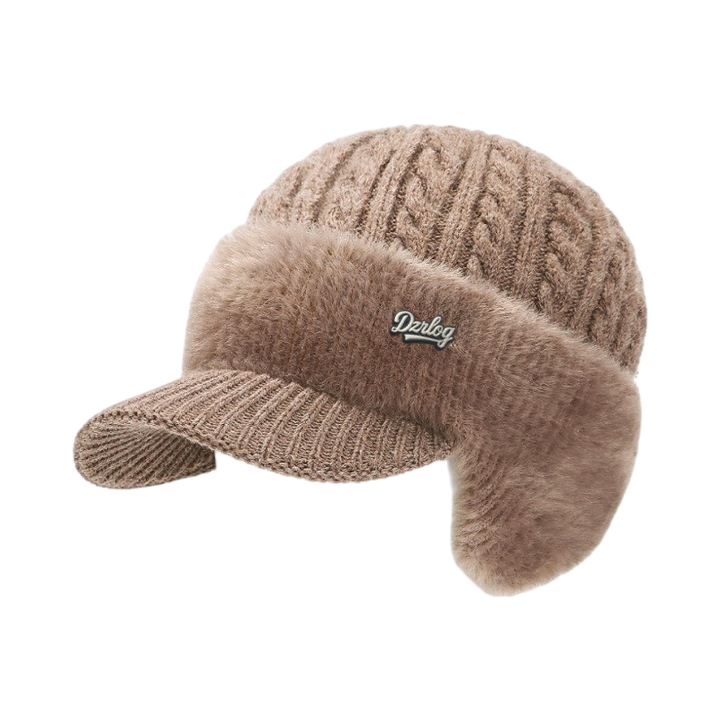 Cable Knit Winter Visor Beanie with Ear Flaps and Faux Fur Fleece Lining