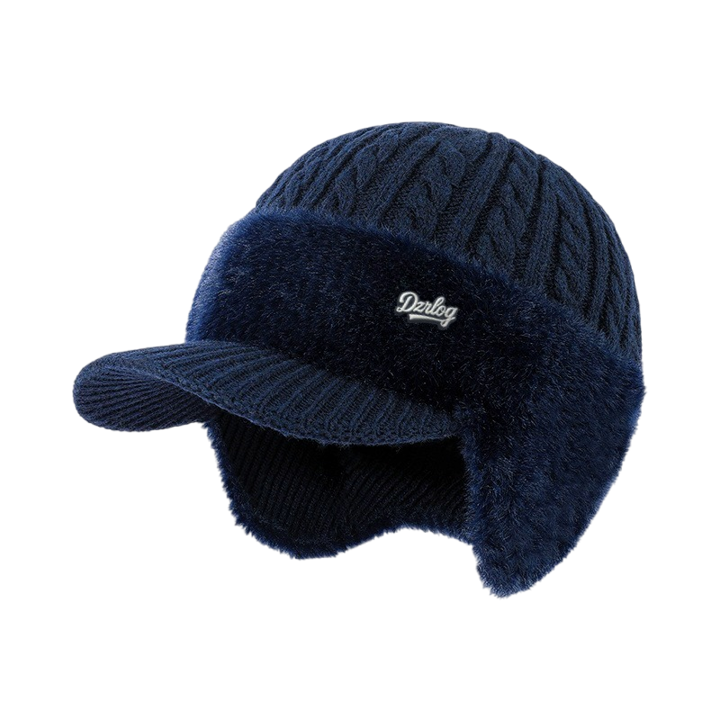 Cable Knit Winter Visor Beanie with Ear Flaps and Faux Fur Fleece Lining