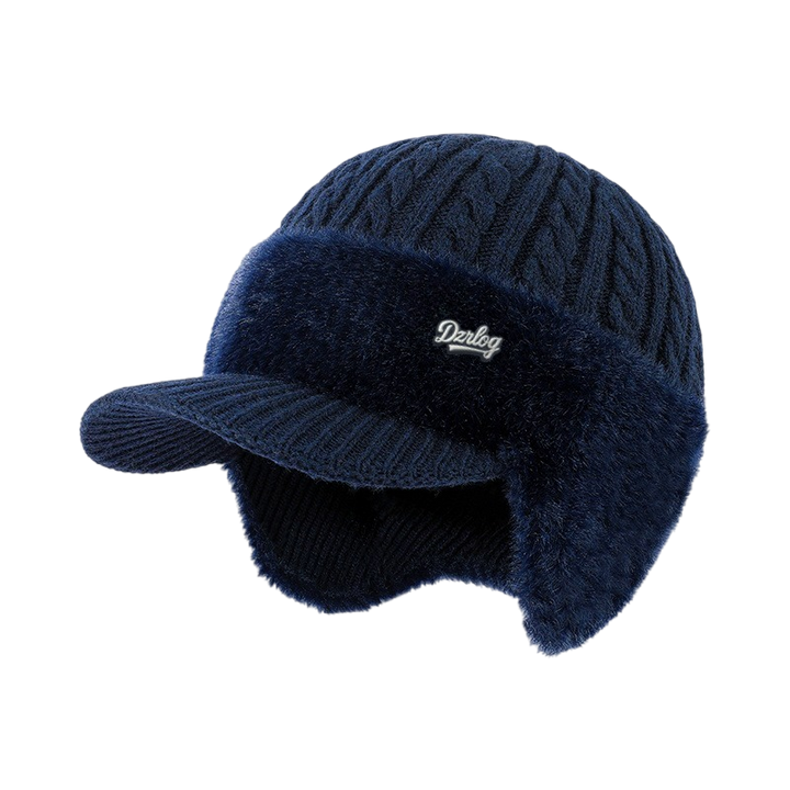 Cable Knit Winter Visor Beanie with Ear Flaps and Faux Fur Fleece Lining