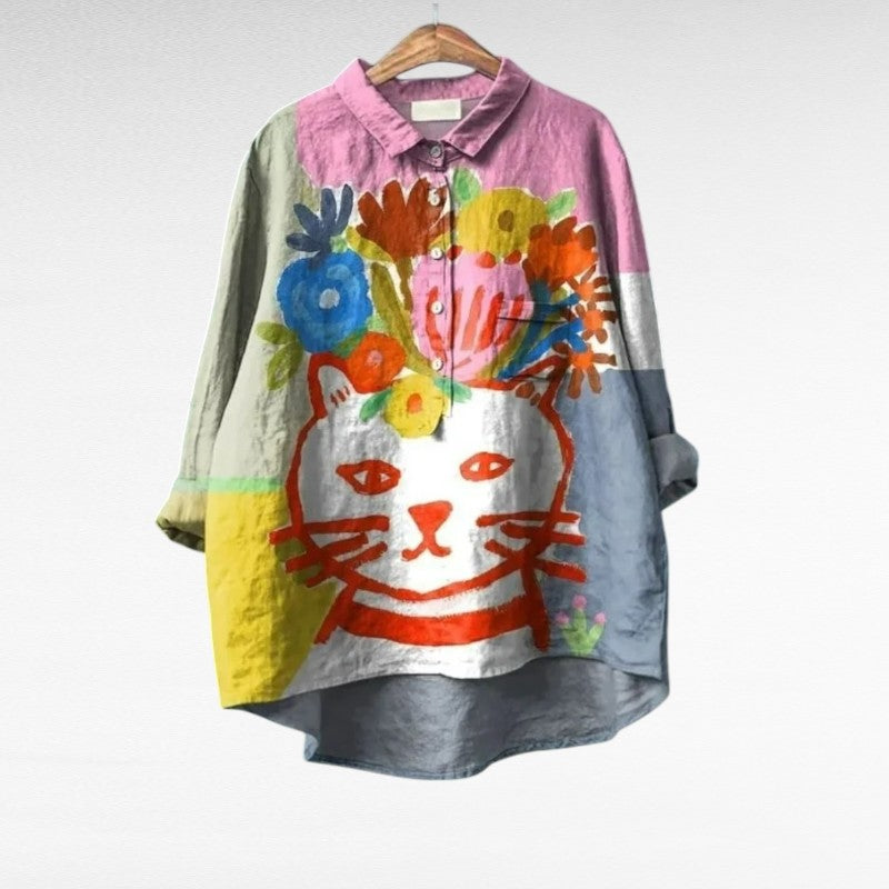 Cat Art Floral Blouse