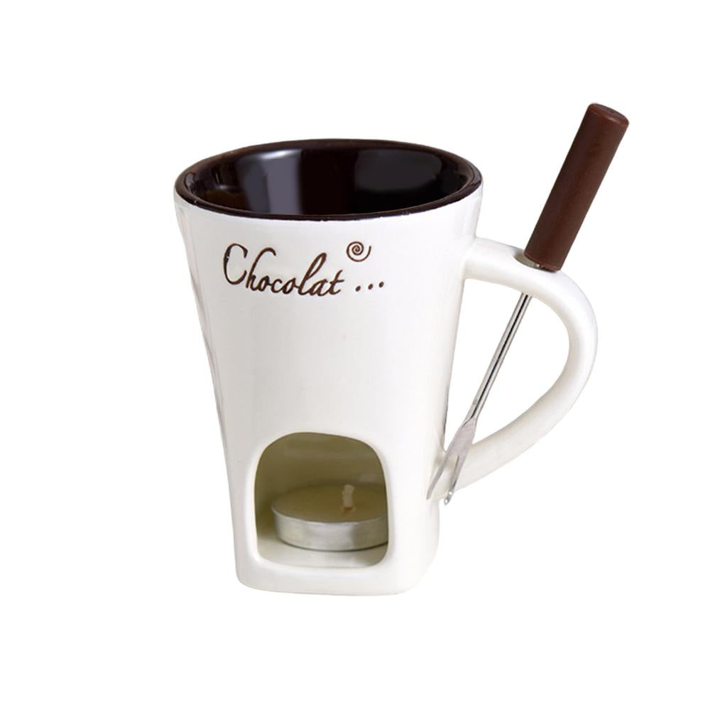 Ceramic Fondue Mug with Candle Base and Stainless Steel Fork
