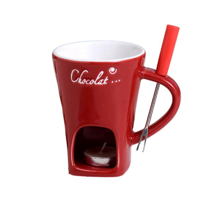 Ceramic Fondue Mug with Candle Base and Stainless Steel Fork