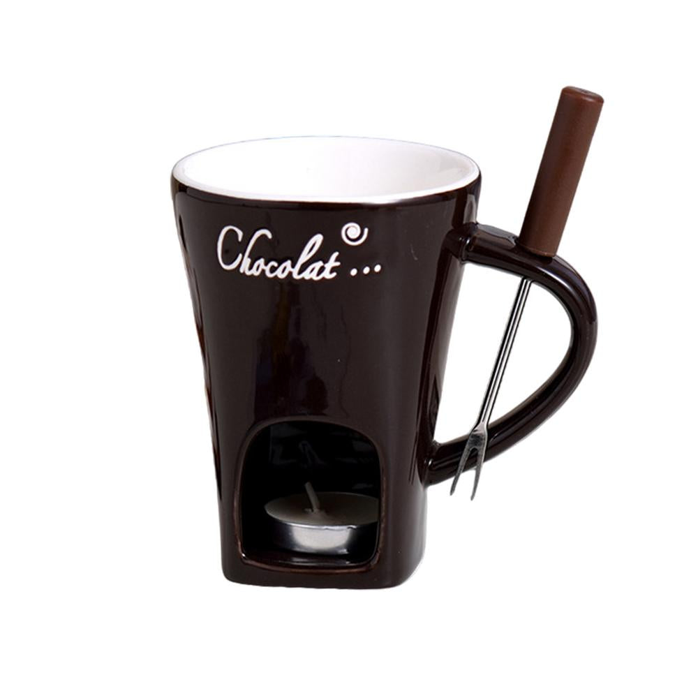 Ceramic Fondue Mug with Candle Base and Stainless Steel Fork