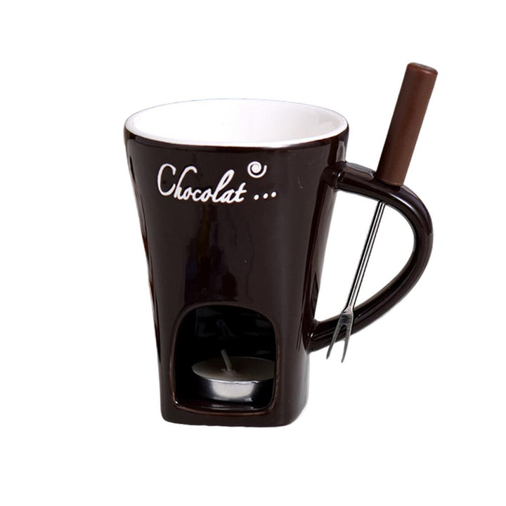 Ceramic Fondue Mug with Candle Base and Stainless Steel Fork