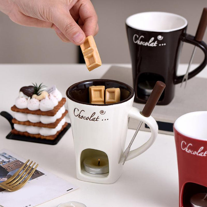 Ceramic Fondue Mug with Candle Base and Stainless Steel Fork