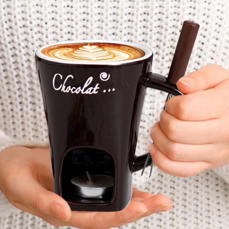 Ceramic Fondue Mug with Candle Base and Stainless Steel Fork