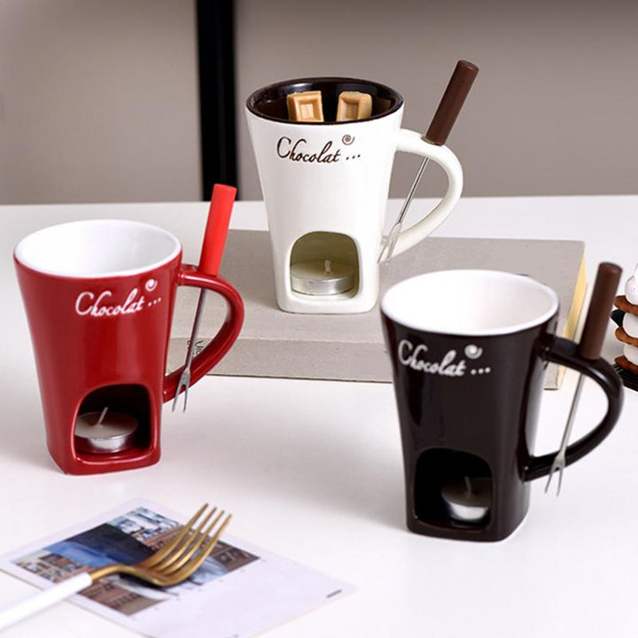 Ceramic Fondue Mug with Candle Base and Stainless Steel Fork