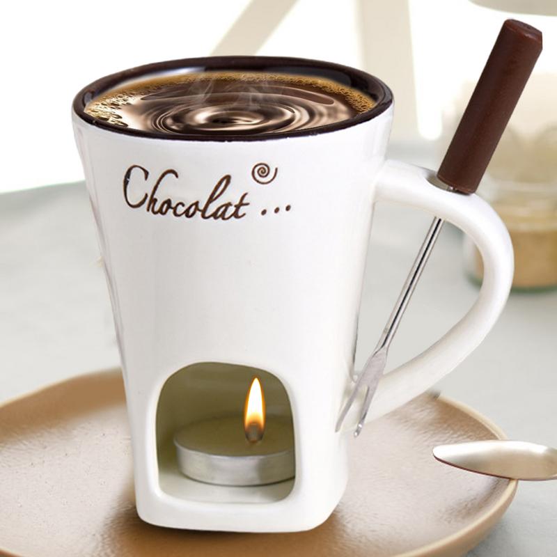 Ceramic Fondue Mug with Candle Base and Stainless Steel Fork