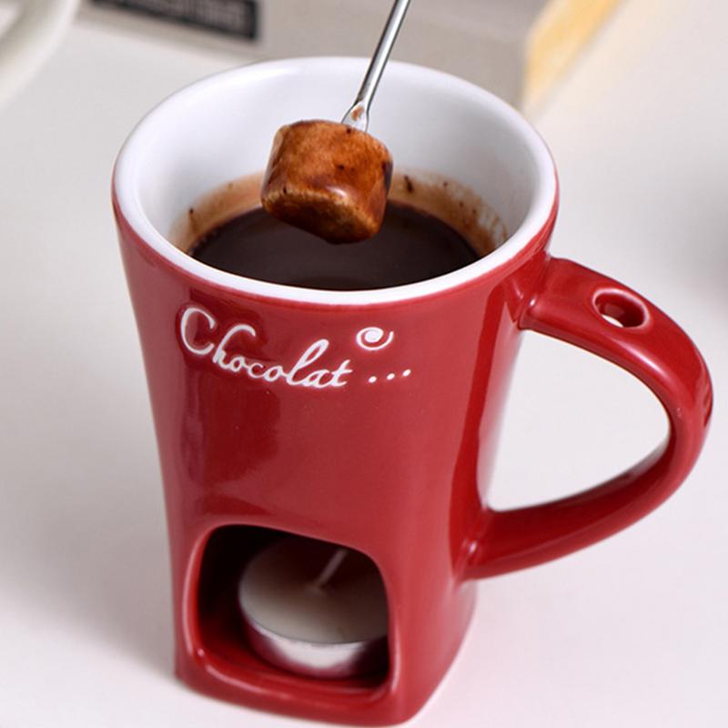 Ceramic Fondue Mug with Candle Base and Stainless Steel Fork