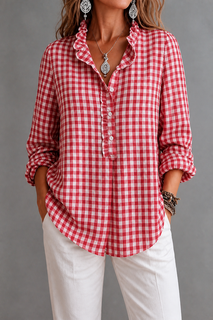 Checked Ruffle Collar Blouse