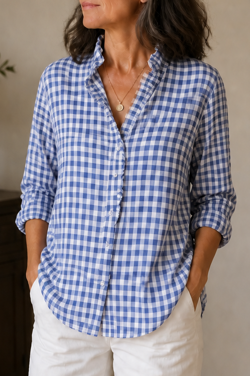 Checked Ruffle Collar Blouse