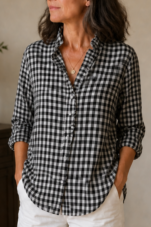 Checked Ruffle Collar Blouse