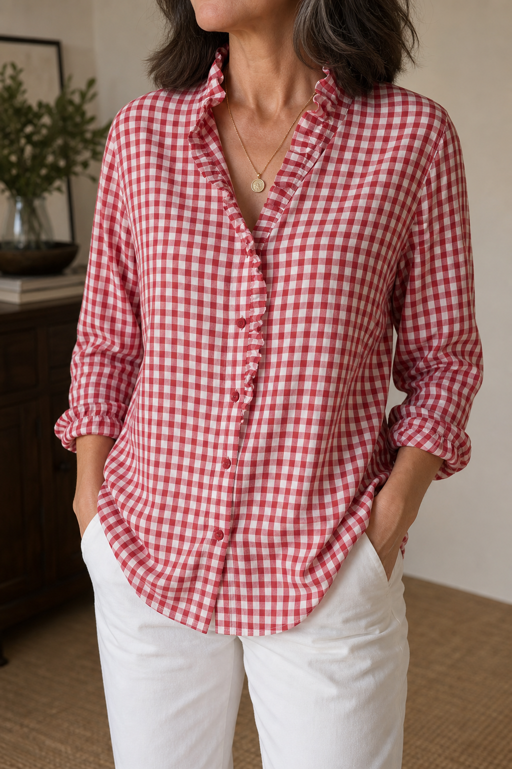 Checked Ruffle Collar Blouse