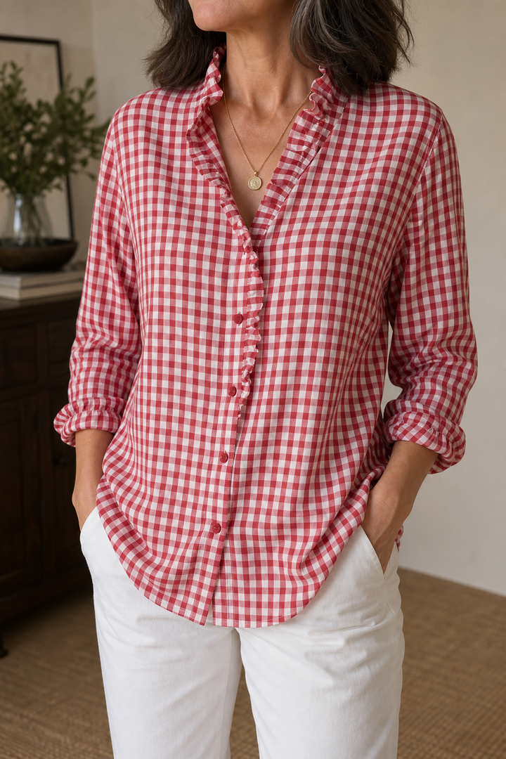 Checked Ruffle Collar Blouse