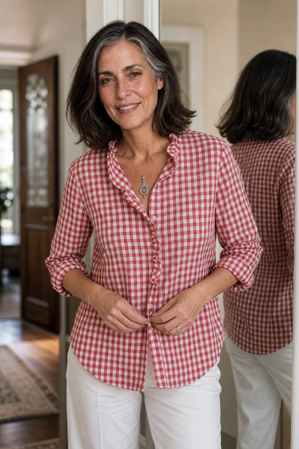 Checked Ruffle Collar Blouse