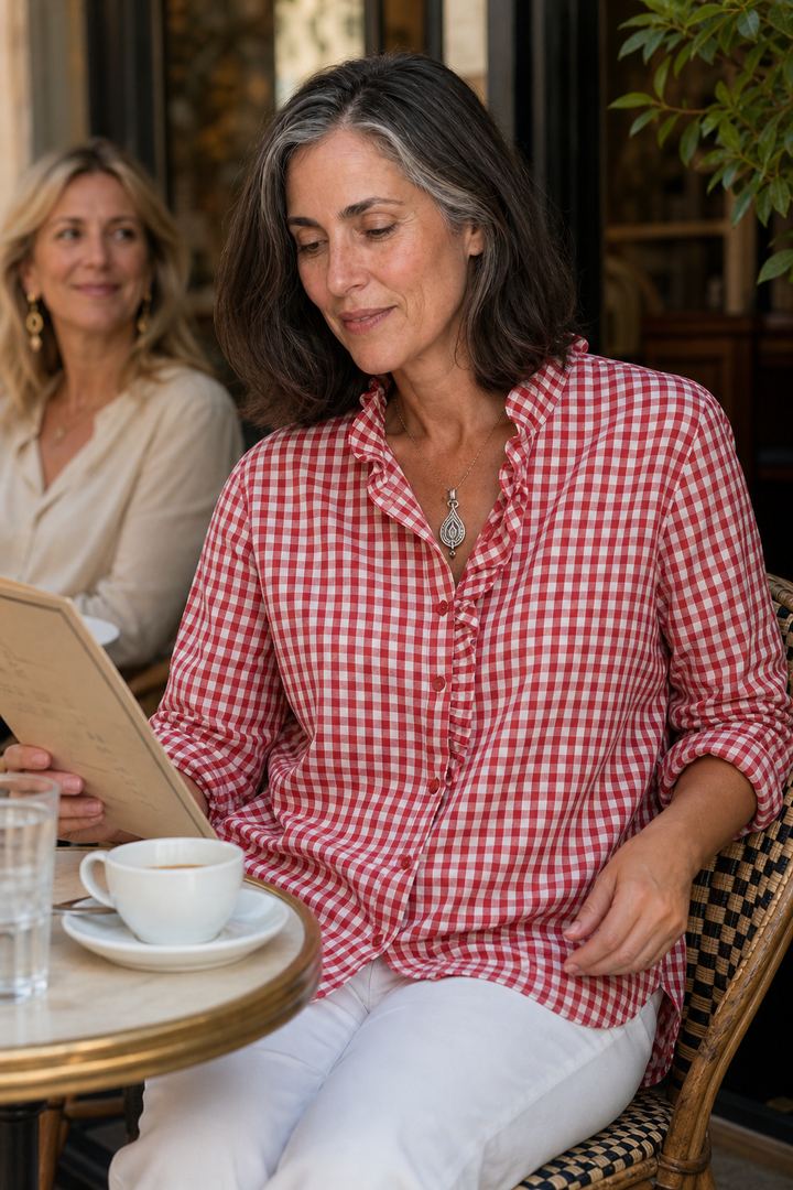 Checked Ruffle Collar Blouse