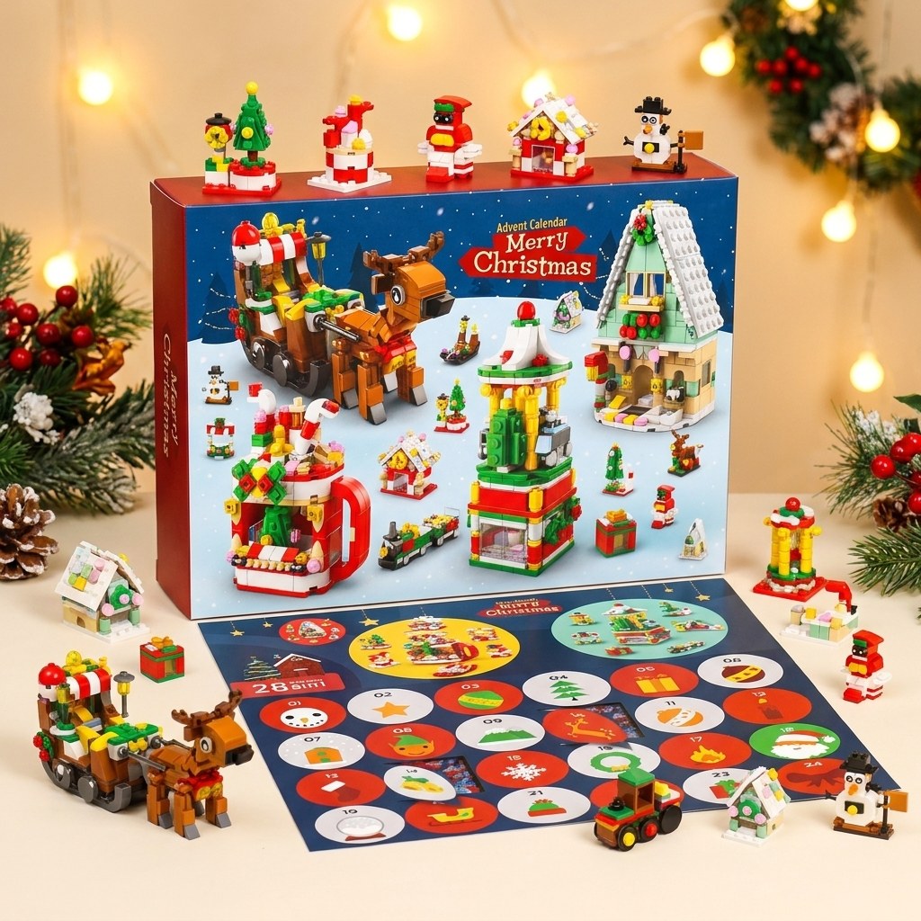 28-Door Christmas Brick Advent Calendar, 6-in-1 Village, Choose Nutcracker, Sleigh or Tree