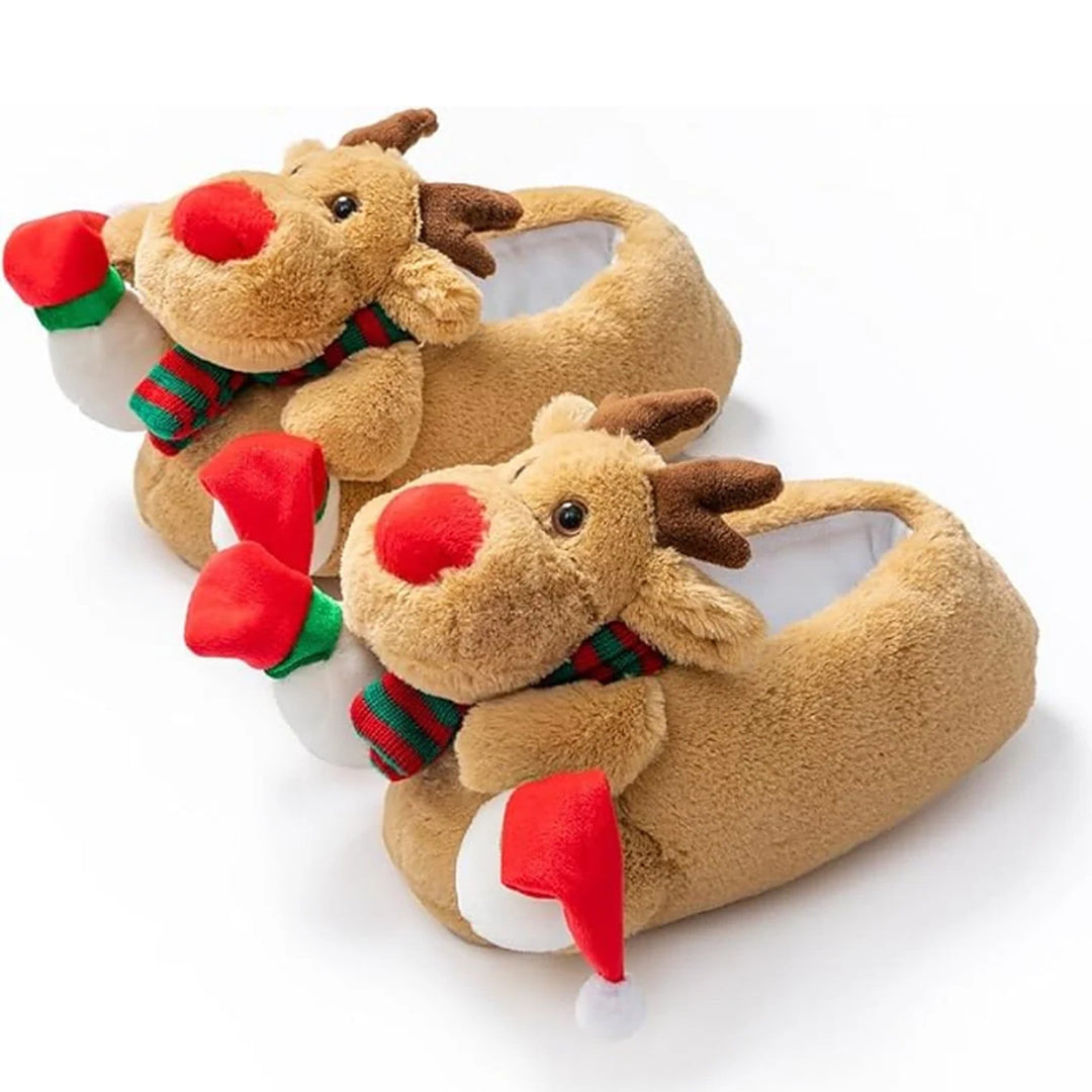 Christmas Slippers - Plush Reindeer Slippers with Non-Slip Soles
