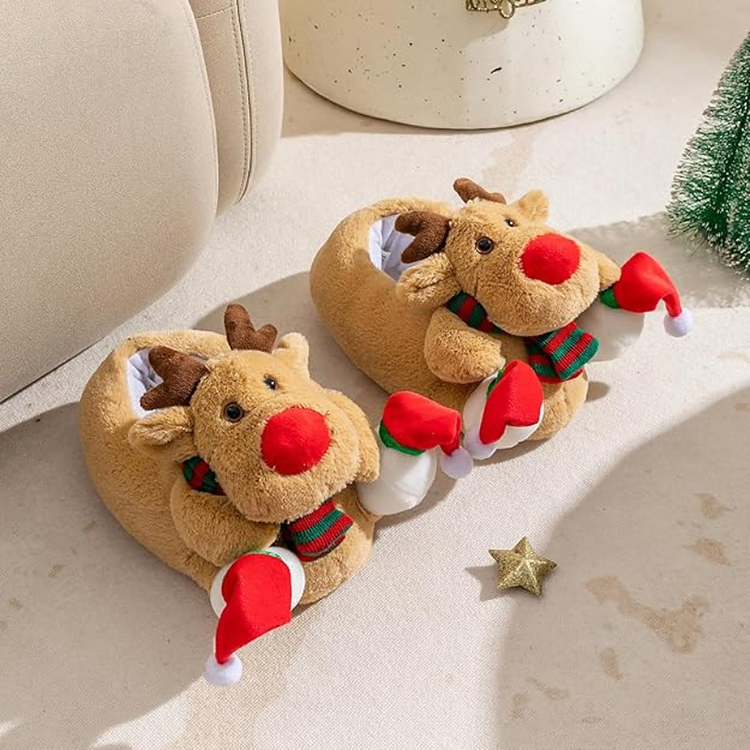 Christmas Slippers - Plush Reindeer Slippers with Non-Slip Soles