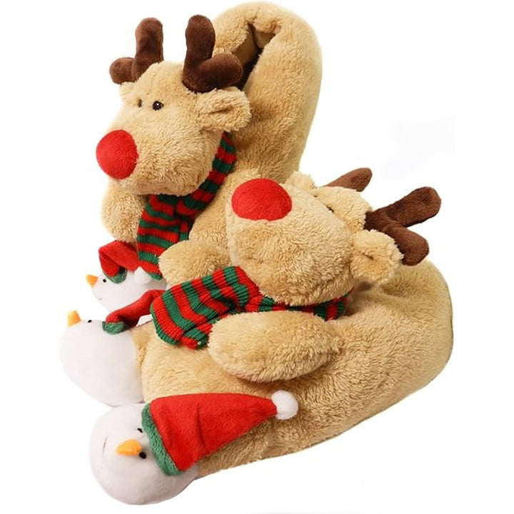 Christmas Slippers - Plush Reindeer Slippers with Non-Slip Soles