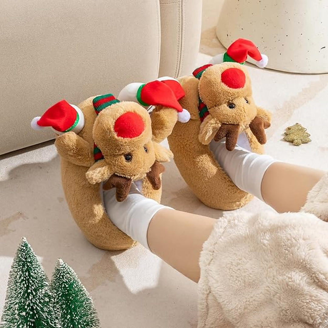 Christmas Slippers - Plush Reindeer Slippers with Non-Slip Soles