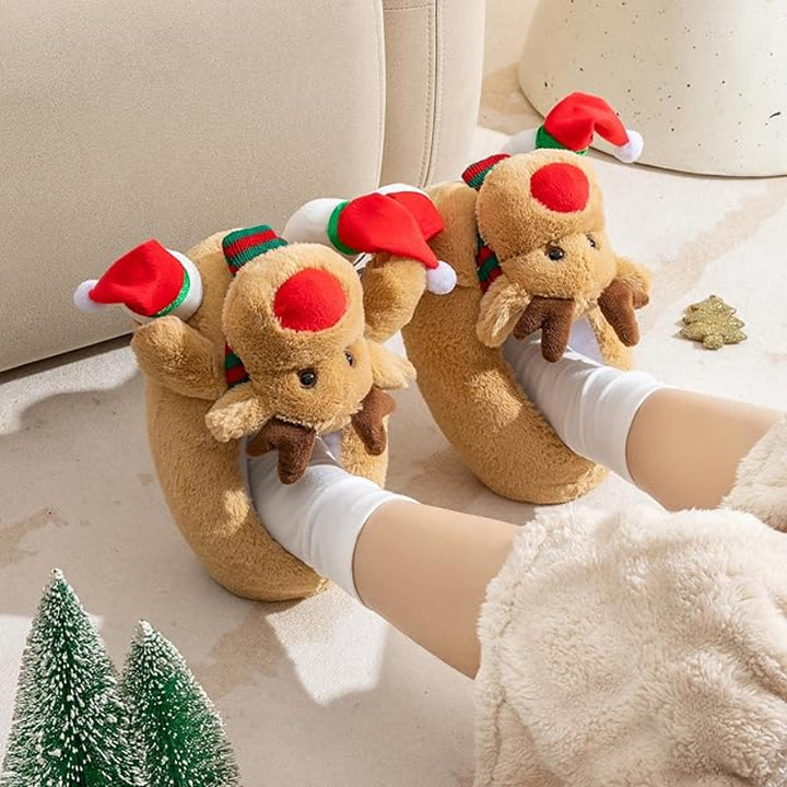 Christmas Slippers - Plush Reindeer Slippers with Non-Slip Soles