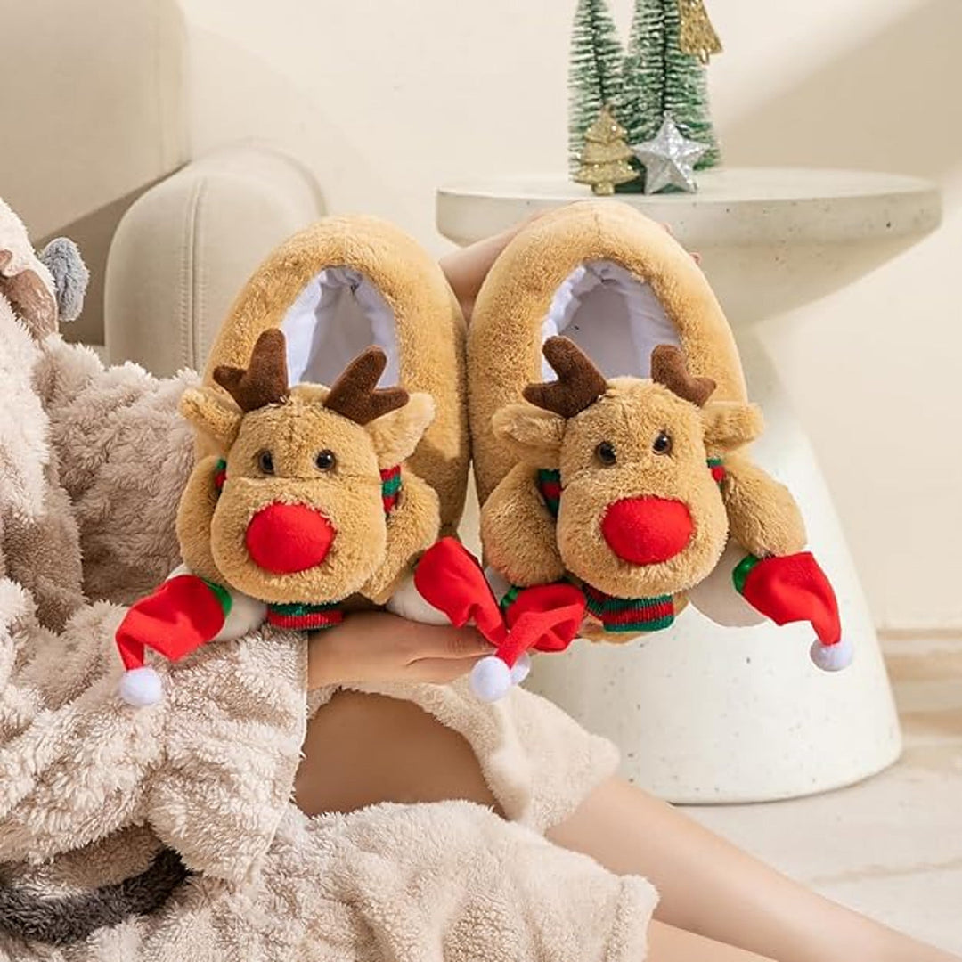 Christmas Slippers - Plush Reindeer Slippers with Non-Slip Soles