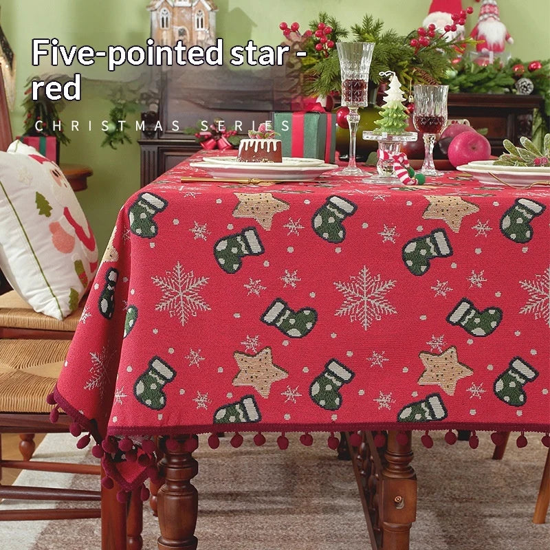 Christmas Tablecloth with Pom-Pom Fringe, Snowflake and Stocking Pattern for Festive Table Decor