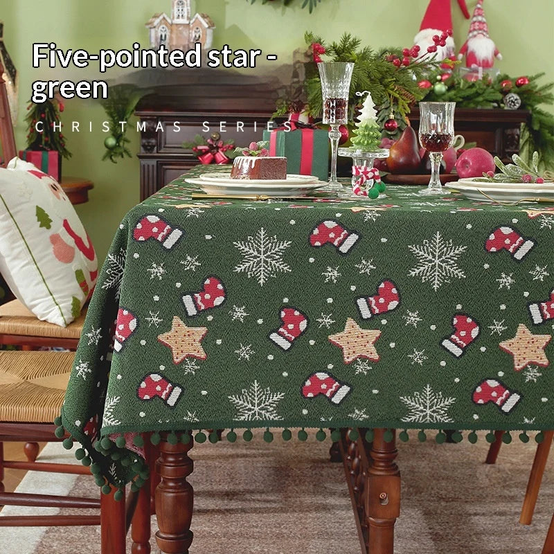 Christmas Tablecloth with Pom-Pom Fringe, Snowflake and Stocking Pattern for Festive Table Decor